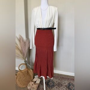 NWT Olivaceous - Rust Red Smocked Midi Skirt